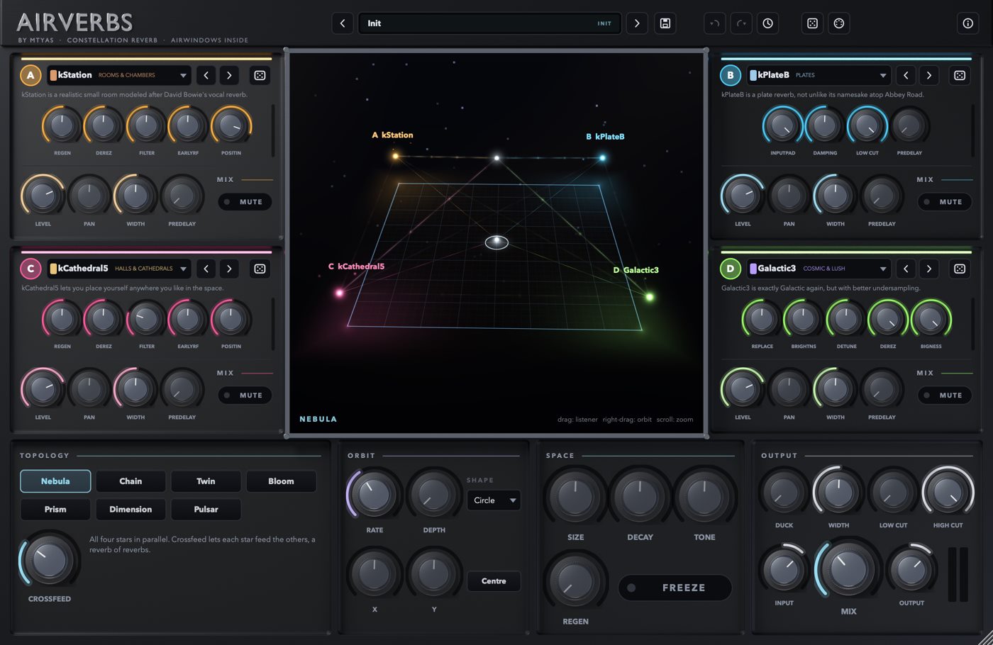 Airverbs: four reverb stars around a vector pad