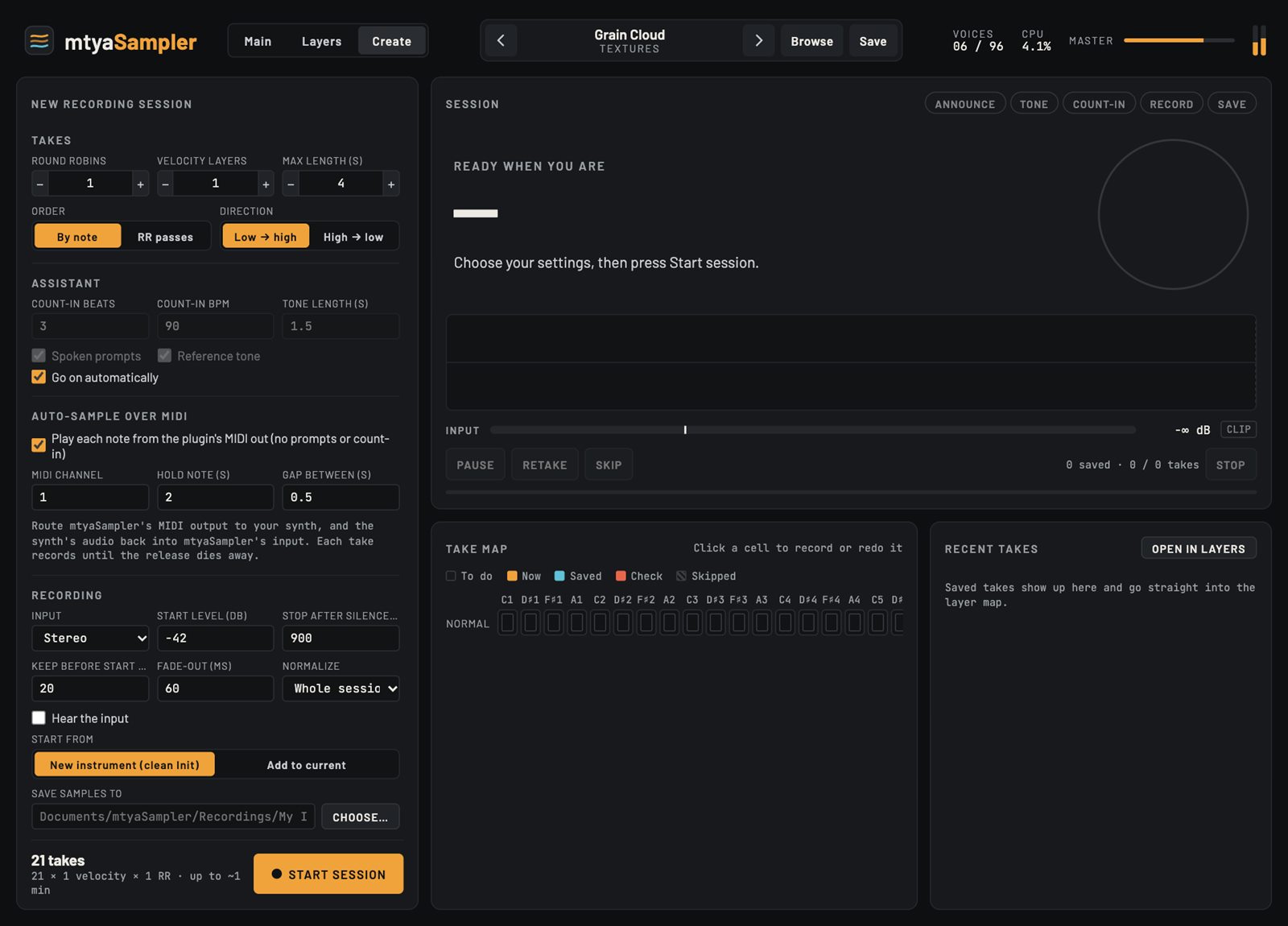 mtyaSampler's Create page, the recording assistant